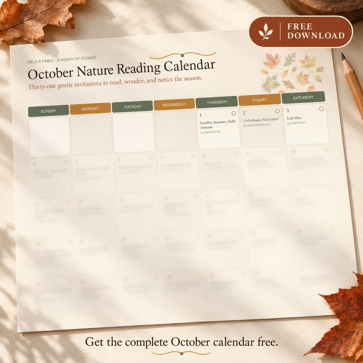 The October Nature Reading Calendar with only the first three recommendations visible and the remaining calendar softly obscured