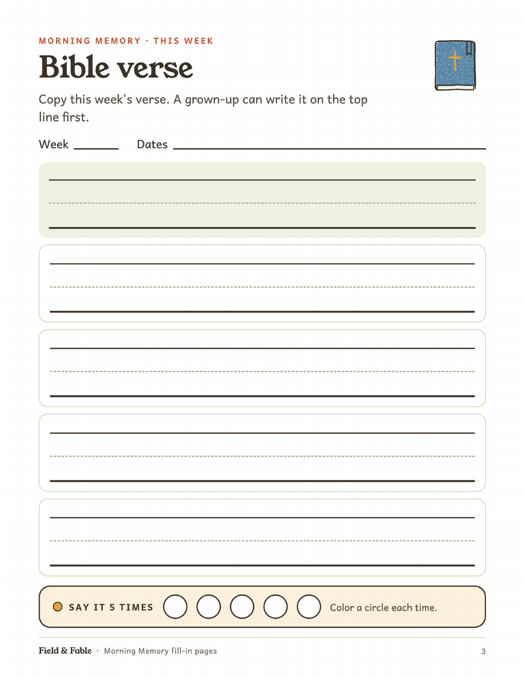 Bible verse fill-in page from Morning Memory