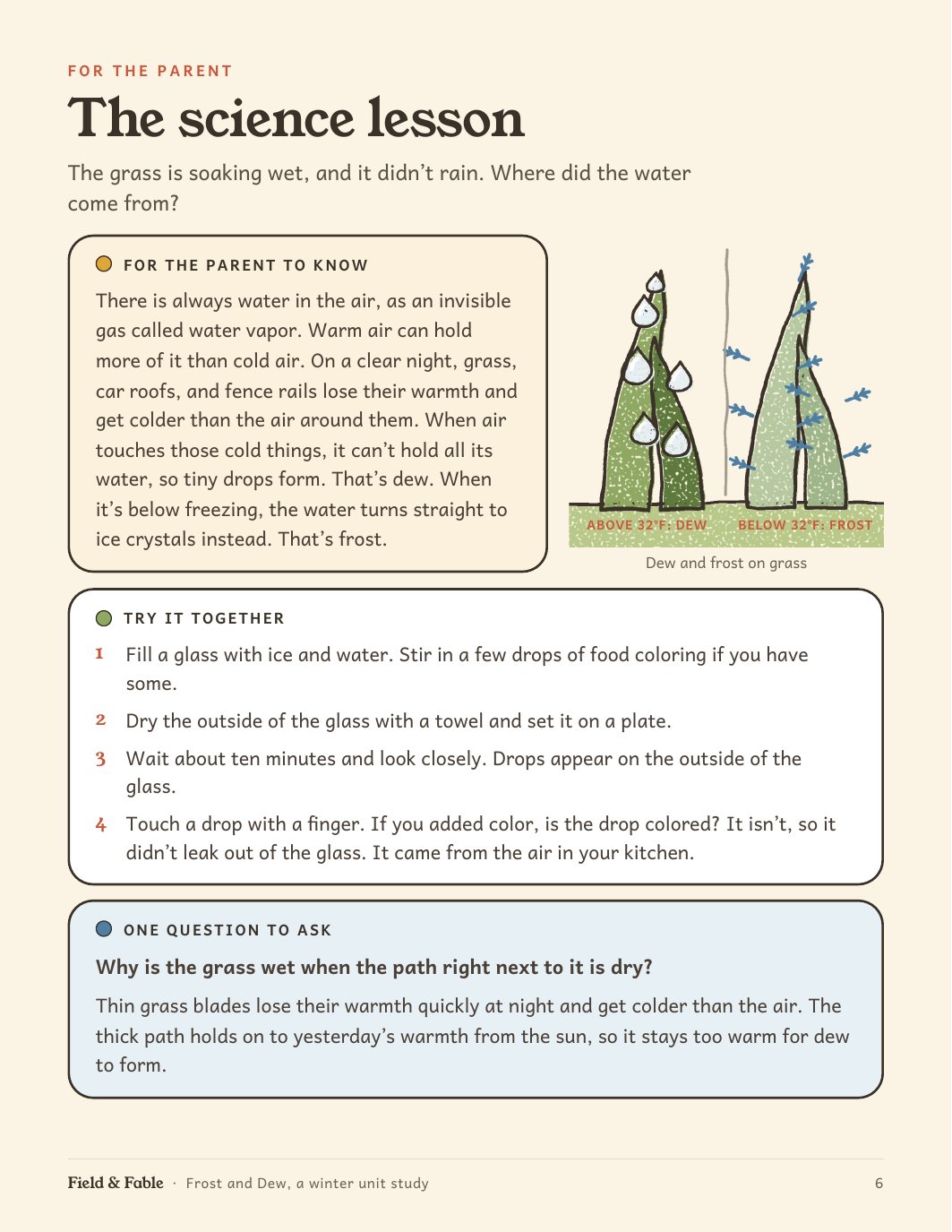 The science lesson page from the Frost and Dew unit.