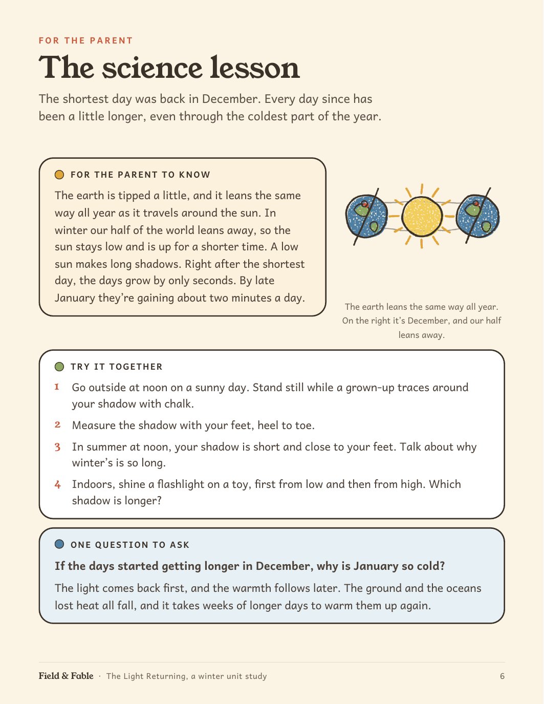 The science lesson page from the The Light Returning unit.