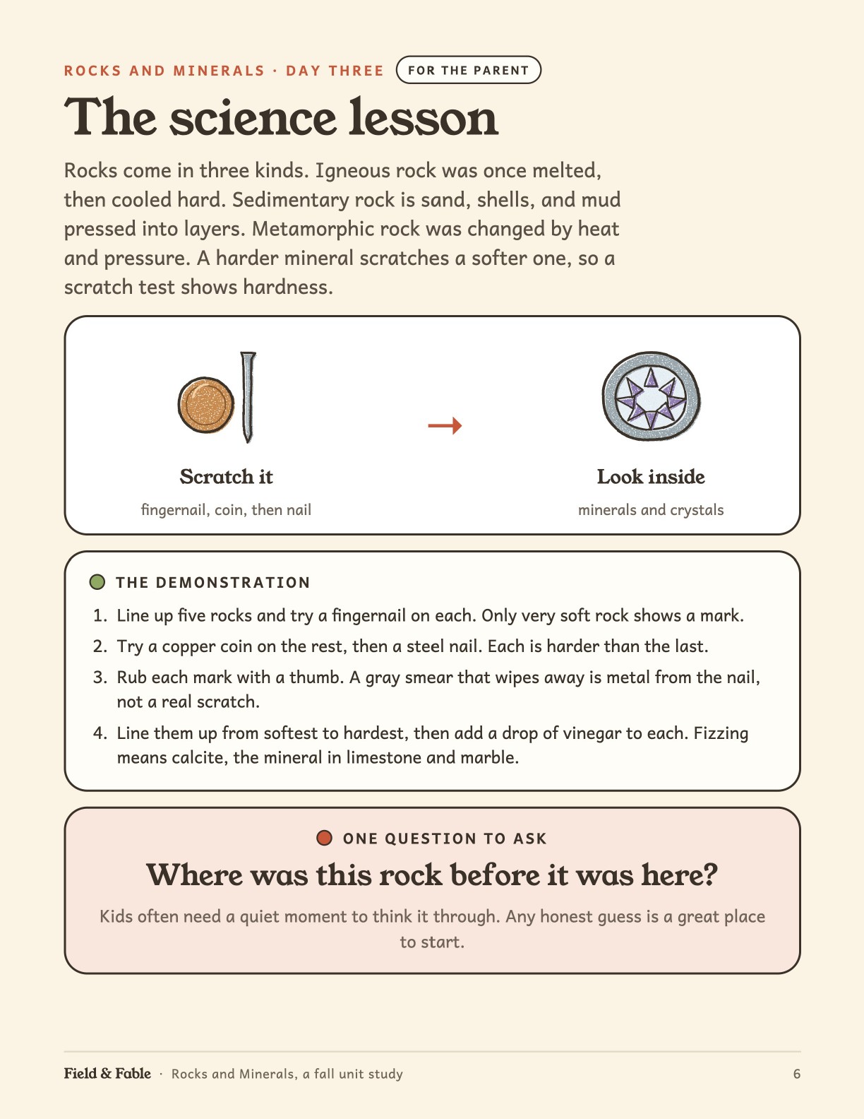 The science lesson page from the Rocks and Minerals unit.