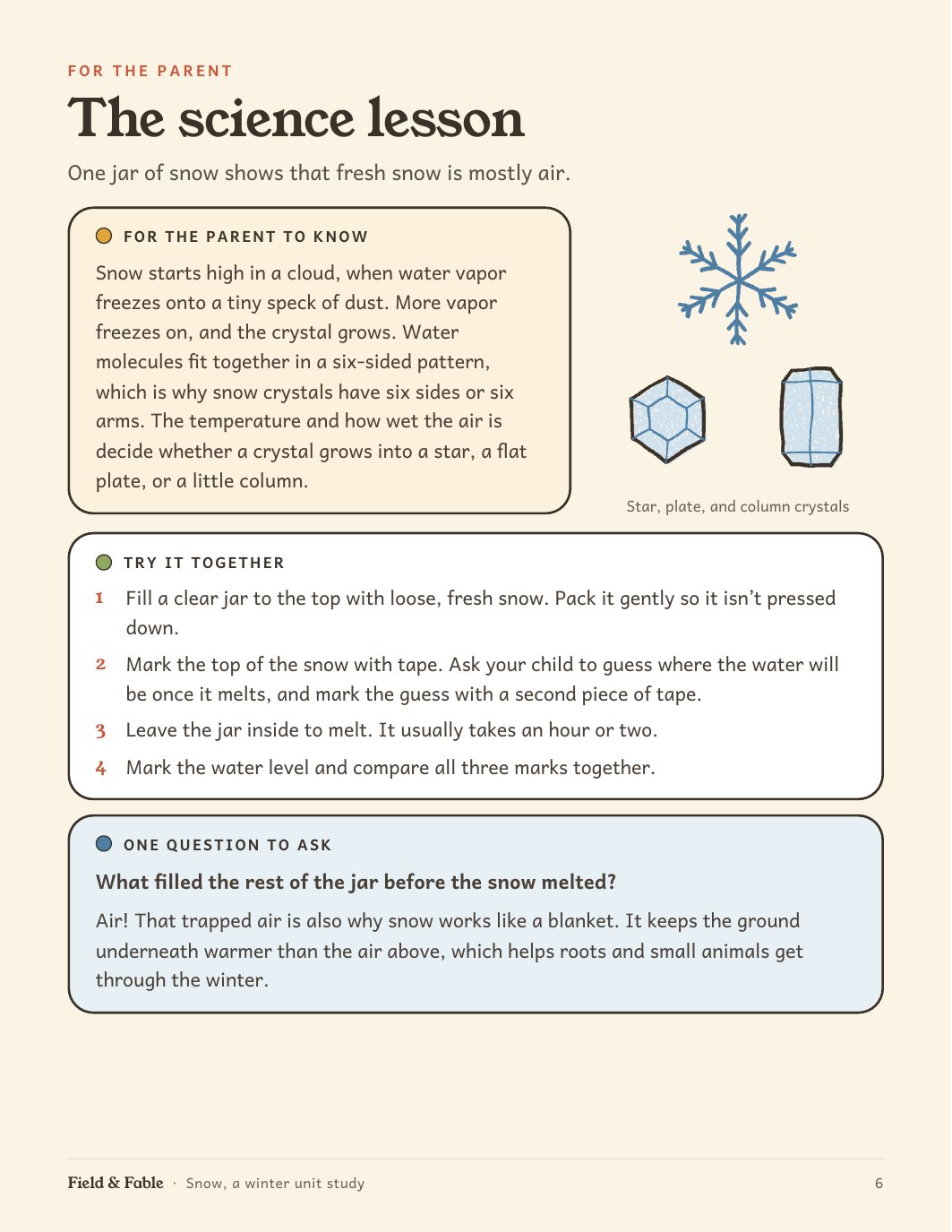 The science lesson page from the Snow unit.