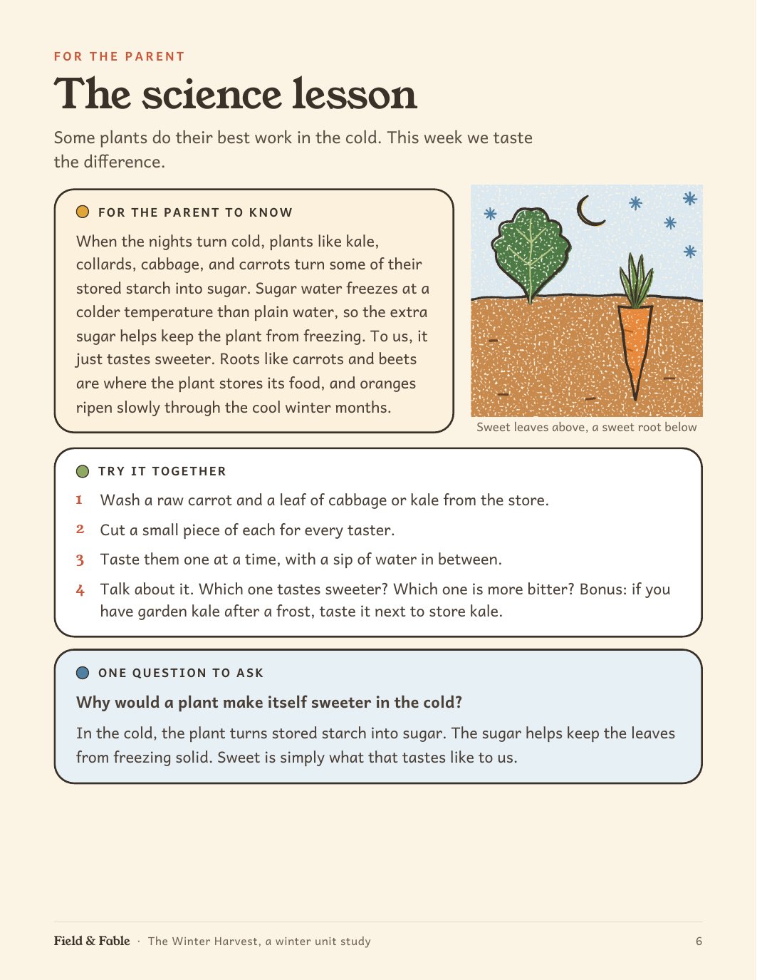 The science lesson page from the The Winter Harvest unit.