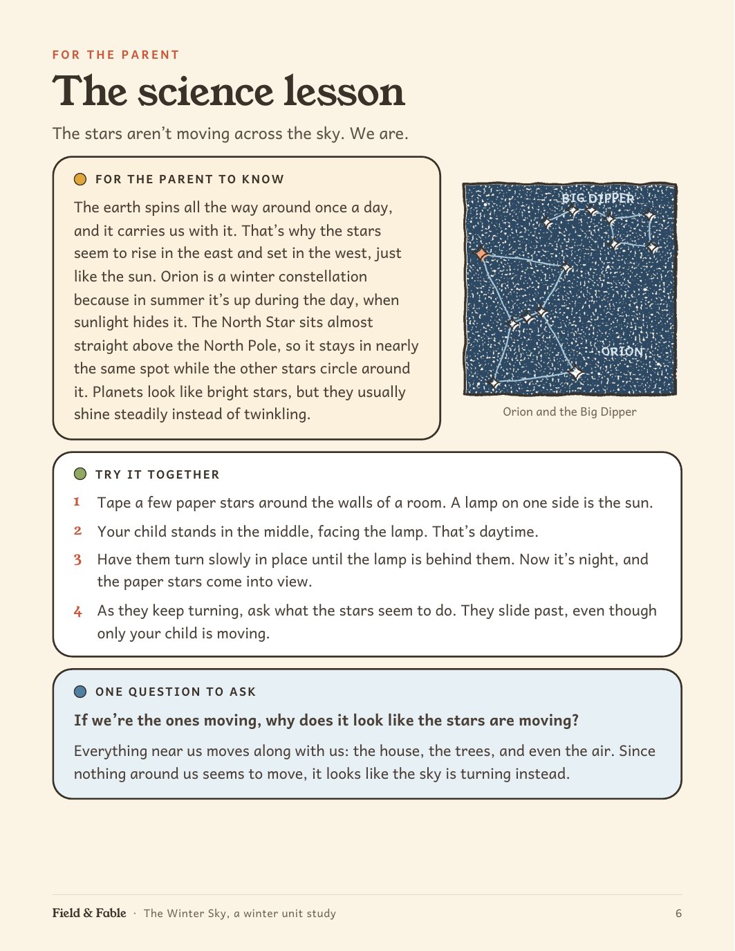 The science lesson page from the The Winter Sky unit.