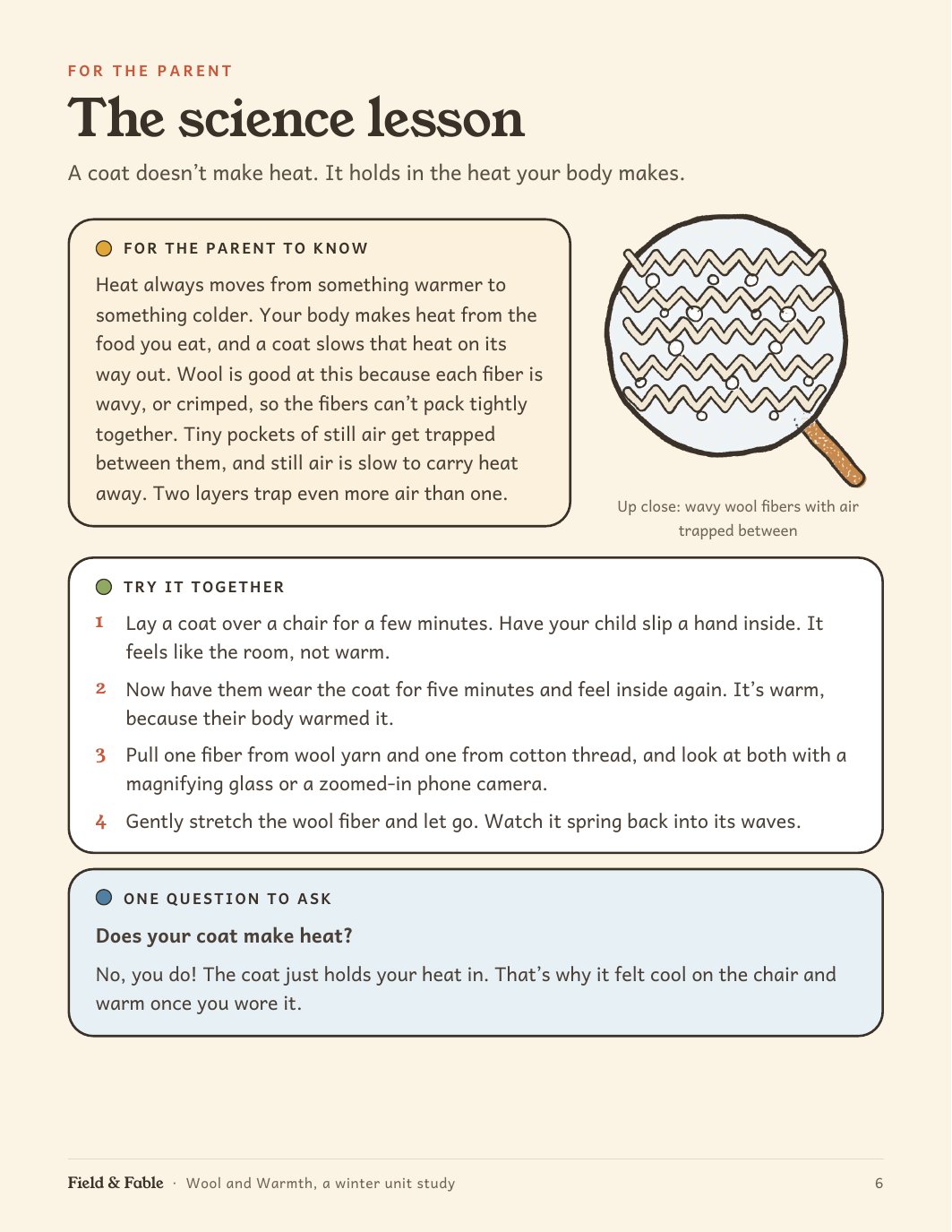 The science lesson page from the Wool and Warmth unit.